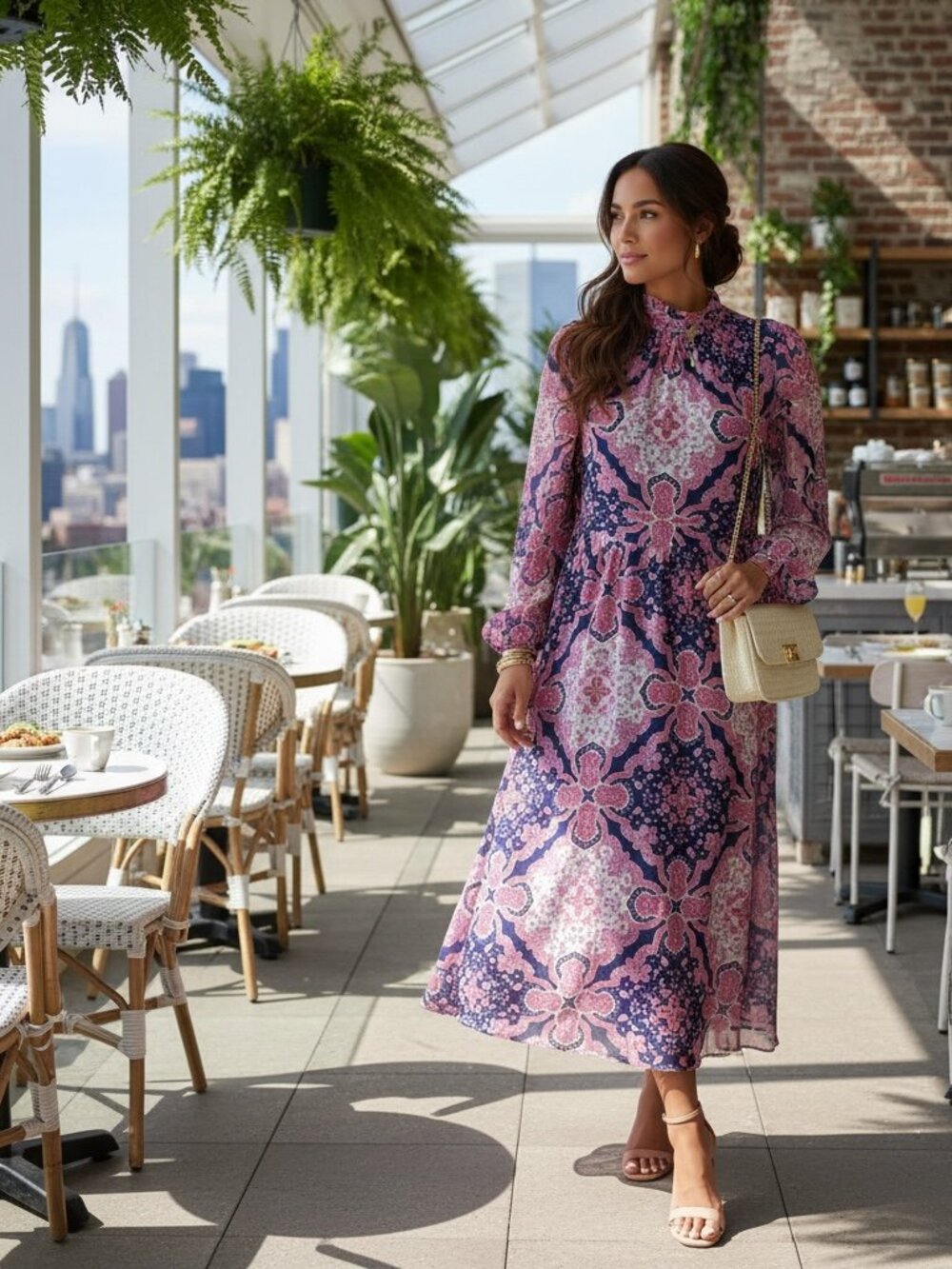 Julia Jordan Paisley Boho Maxi Dress Pink Navy Mock Neck Size 12